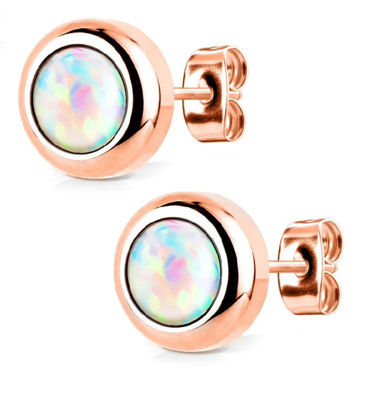 Hoop earrings with luxe velvet finishes for a rich and luxurious touch-Rose Gold PVD White Opal Set Earrings