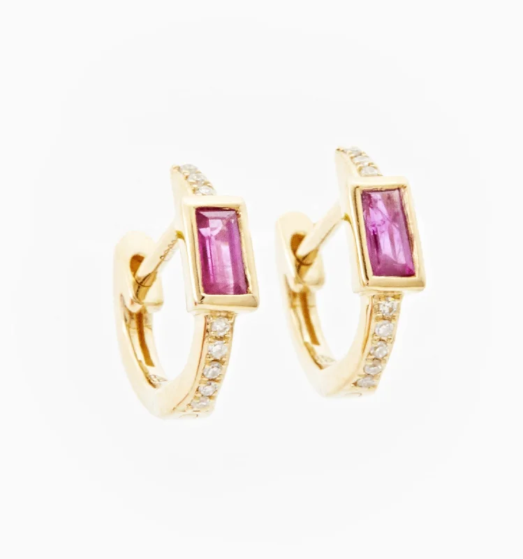 Hoop earrings with snake print designs for an edgy, wild appearance-Ruby Baguette Diamond Hoops In 14K Solid Gold