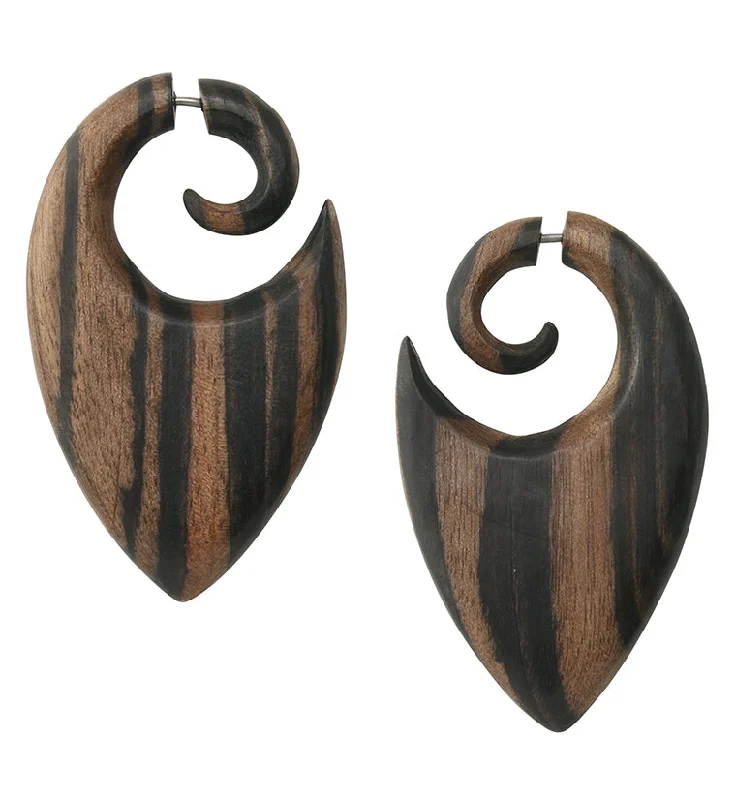 Large hoop earrings for a bold and statement-making fashion accessory-Shield Areng Wood Fake Gauge Spiral Earrings