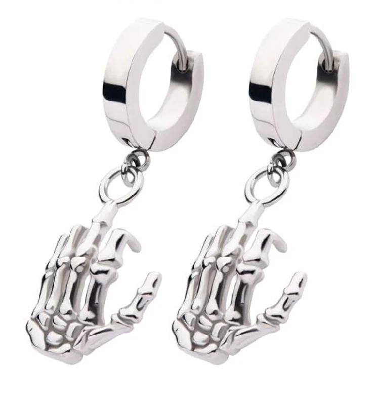 Hoop earrings with abstract wirework for an artistic, unique look-Skeleton Hand Stainless Steel Huggie Earrings