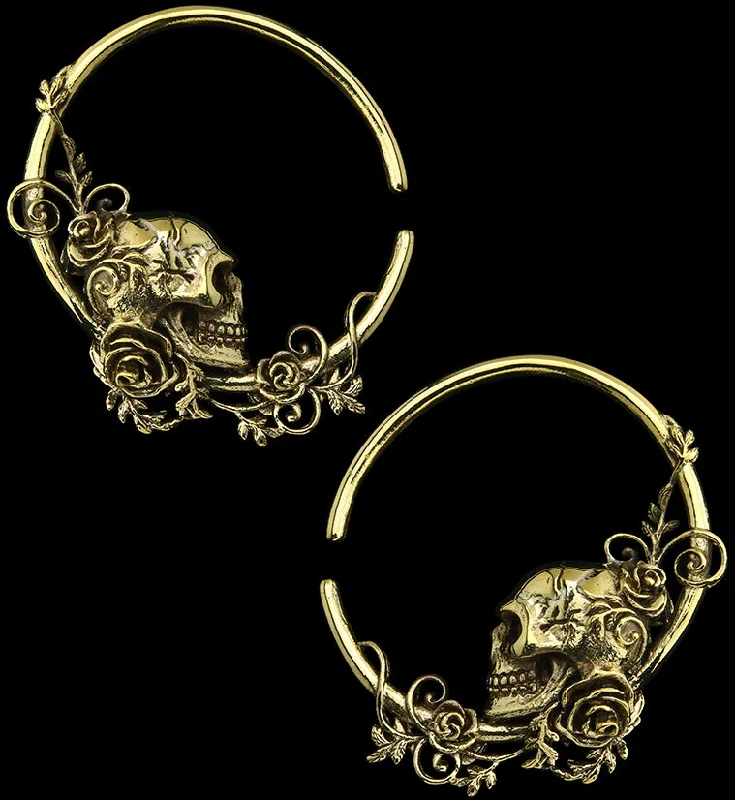 Best hoop earrings with floral designs for a feminine and delicate look-Skull & Roses Hoop Brass Ear Weights