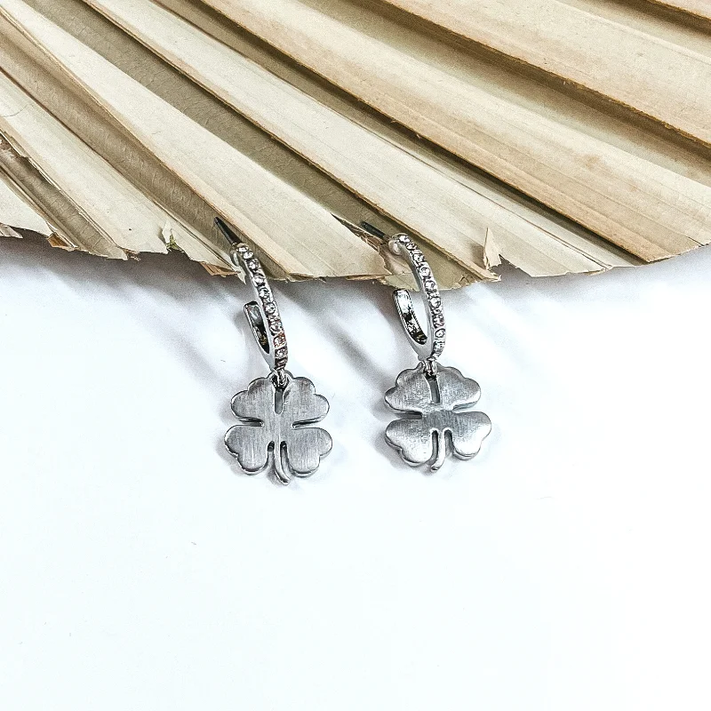 Best hoop earrings with marbled designs for a trendy and artistic effect-Small Crystal Hoop Earrings with Hanging Four Leaf Clover Charm in Silver Tone