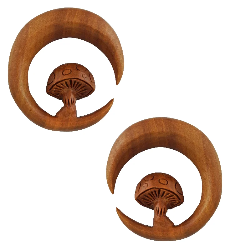 Hoop earrings with leather accents for a sleek and bold combination-Mushroom Saba Wood Hoop Hangers