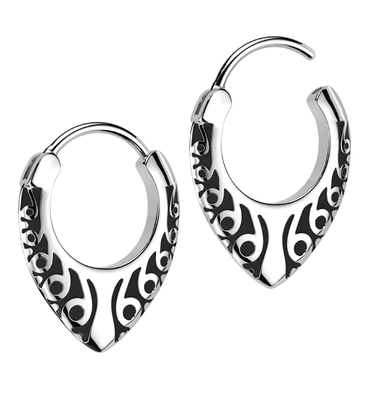 Best hoop earrings with enamel details for a colorful and modern look-Tribal Teardrop Stainless Steel Hinged Hoop Earrings