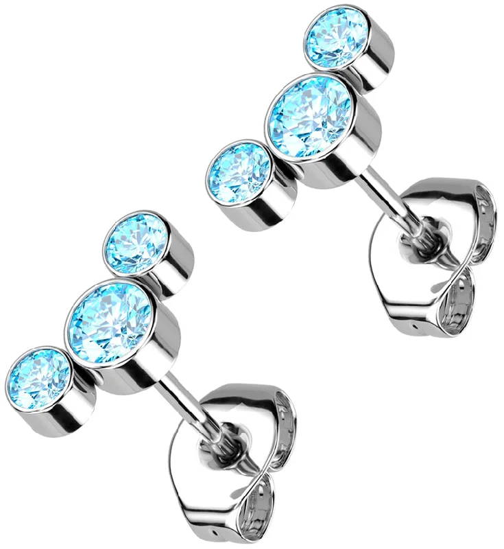 Hoop earrings with textured finishes for a vintage and classic style-Triple Aqua CZ Titanium Threadless Earrings