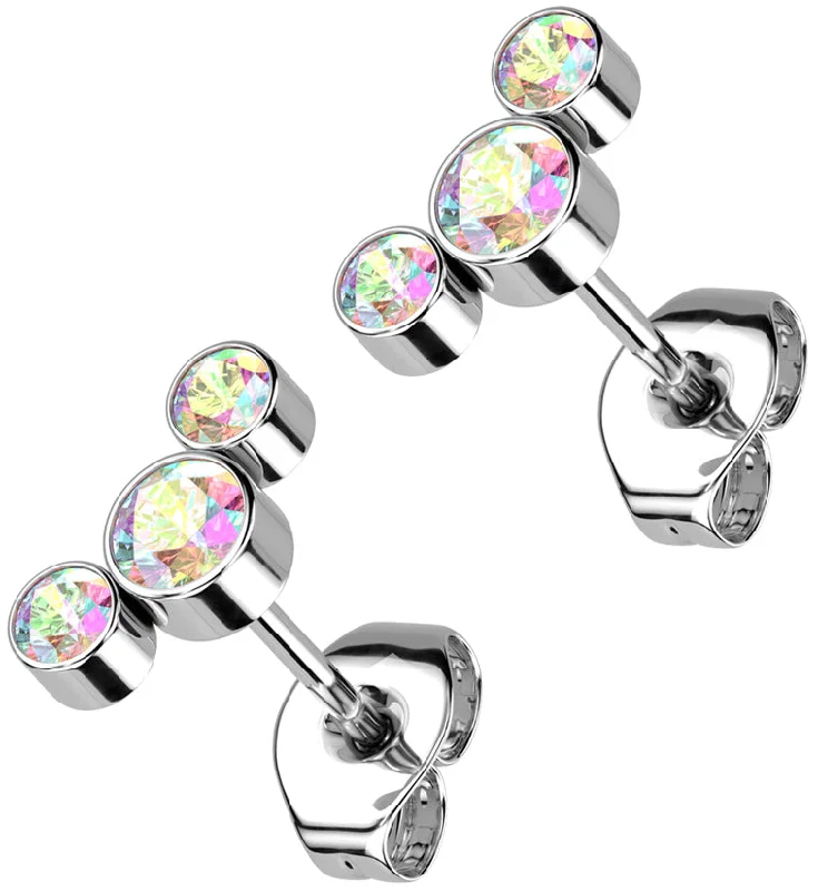 Best hoop earrings with gemstone accents for a colorful and elegant appearance-Triple Rainbow Aurora CZ Titanium Threadless Earrings