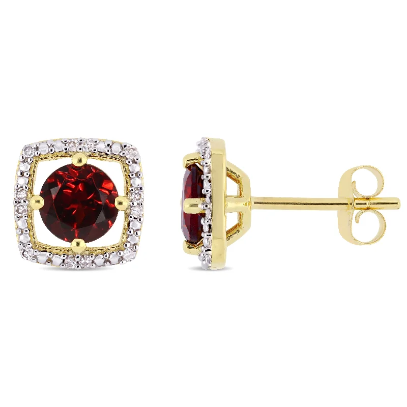 Stud Earrings with Wave Designs -1 1/5 CT TGW Garnet and Diamond Halo Square Stud Earrings in 10k Yellow Gold