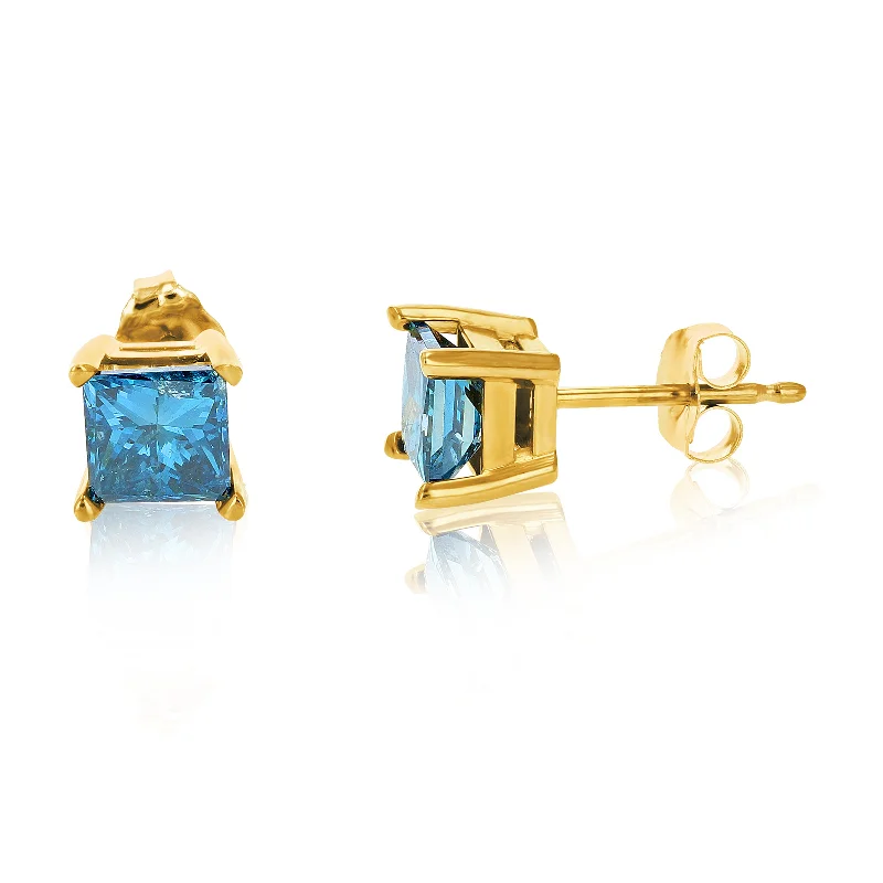 Floral Stud Earrings with Petals -1/2 cttw Princess Cut Blue Diamond Stud Earrings 14K Yellow Gold Square Shape