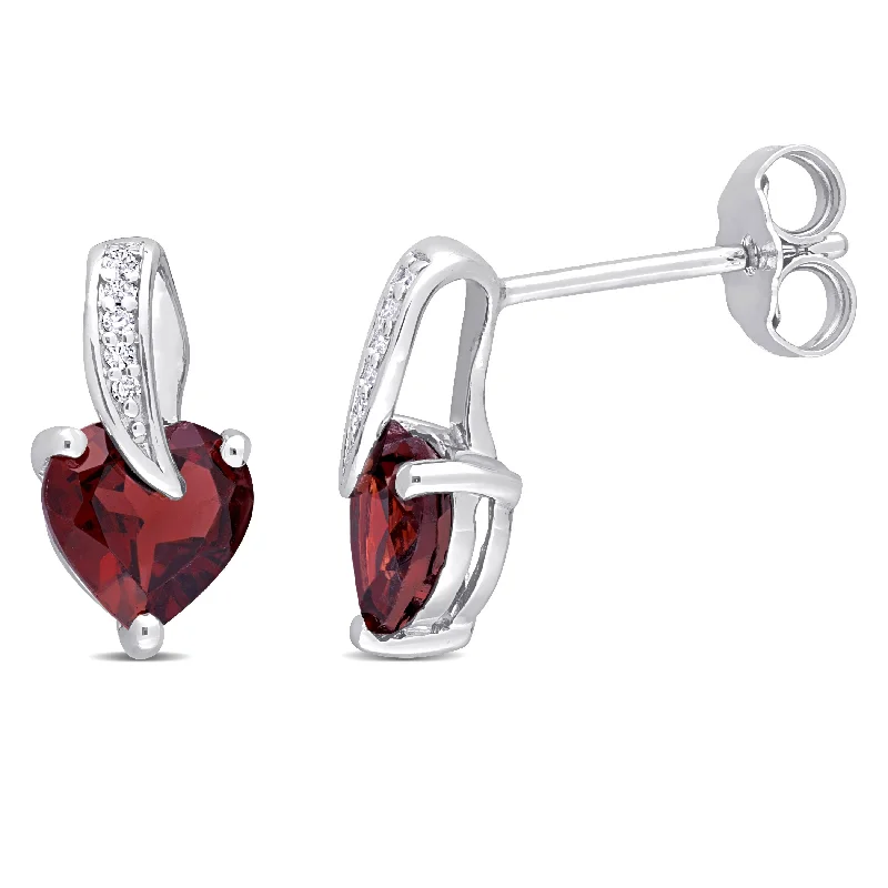 Stud Earrings with Knot Designs -1 3/4 CT TGW Heart Shape Garnet and Diamond Accent Stud Earrings in Sterling Silver