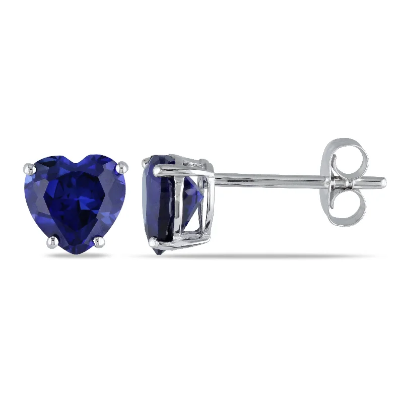 Stud Earrings with Matte Finish -1 4/5 CT TGW Heart Shaped Created Blue Sapphire Stud Earrings in 10K White Gold