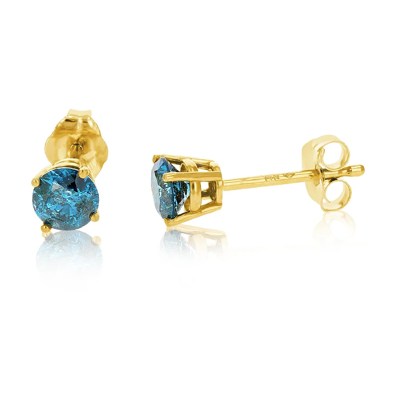 Stud Earrings for Beach Outfit -1.50 cttw Blue Diamond Stud Earrings 14k Yellow Gold Round Shape with Push Backs