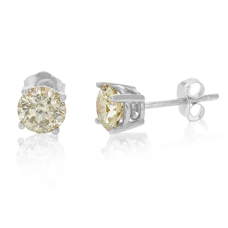 Stud Earrings with Embossed Patterns -1.50 cttw Champagne Diamond Stud Earrings 14K White Gold