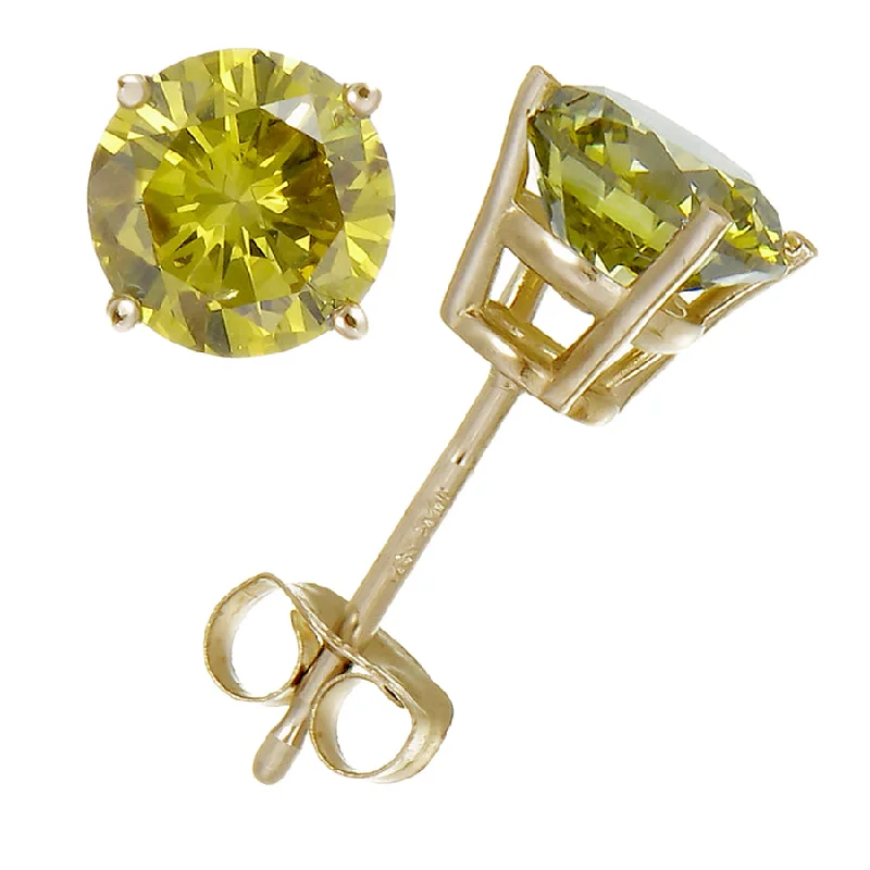 Stud Earrings with Debossed Designs -1.50 cttw Yellow Diamond Stud Earrings 14K Yellow Gold Round with Push Backs