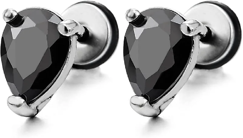 Stud Earrings for Birthday Celebration -1 Pair Mens Women Pear Shape Black Cubic Zirconia Stud Earrings Stainless Steel Screw Back Post