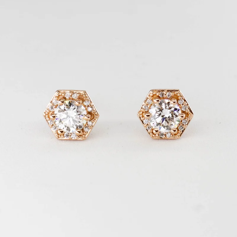 Stud Earrings for Fitness Activities -100 Ways' Hexagon Halo Diamond Stud Earrings in Rose Gold | Canadian Diamonds | 1.05 ctw