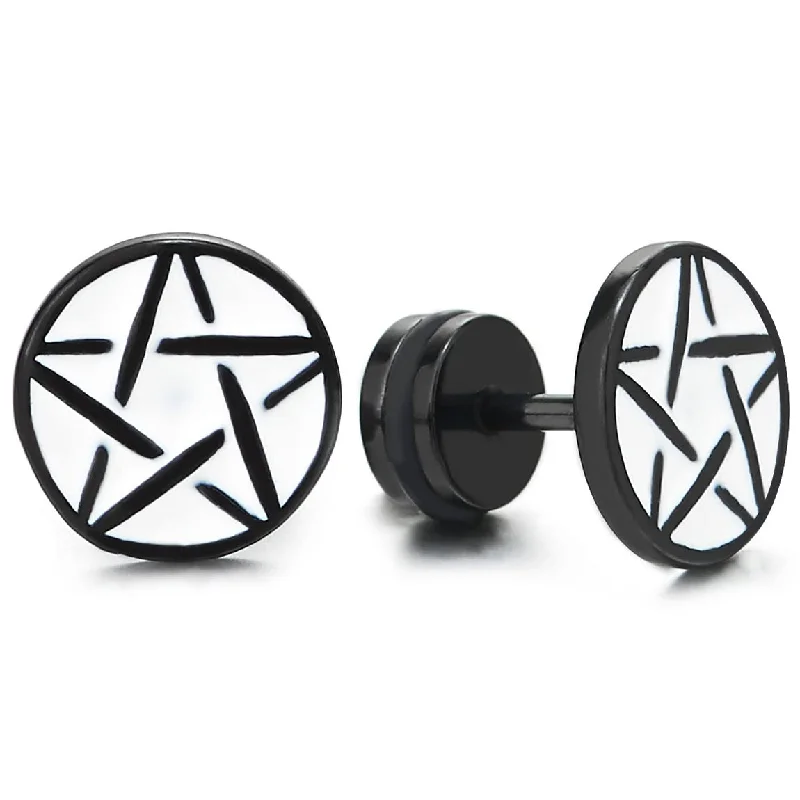 Stud Earrings for Prom Night -10MM Black Steel Star Pentagram Circle Stud Earrings with White Enamel, Men Women, Screw Back