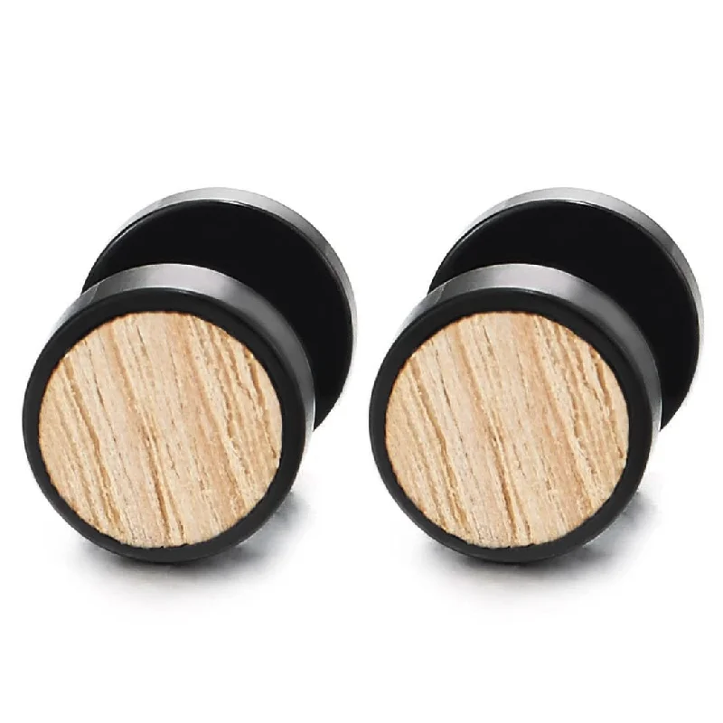 Heart Shaped Stud Earrings for Love -10mm Mens Women Black Circle Stud Earrings with Wood, Steel Cheater Fake Ear Plugs Gauges Tunnel