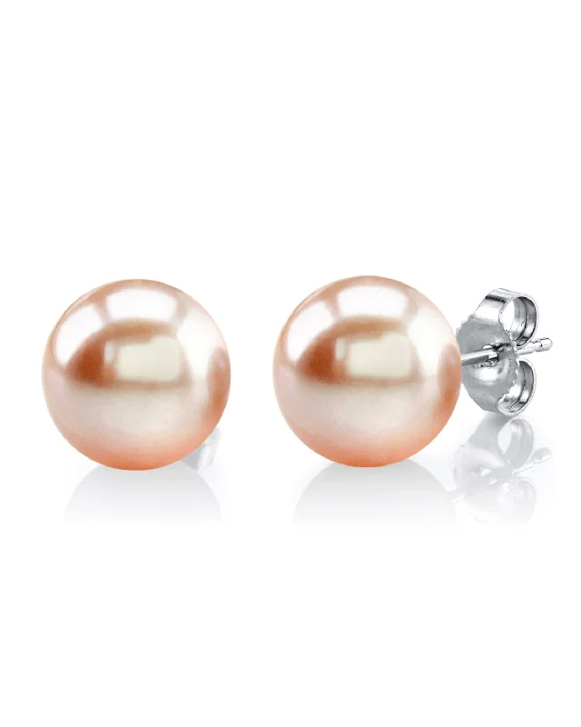 Floral Stud Earrings with Petals -10mm Peach Freshwater Round Pearl Stud Earrings