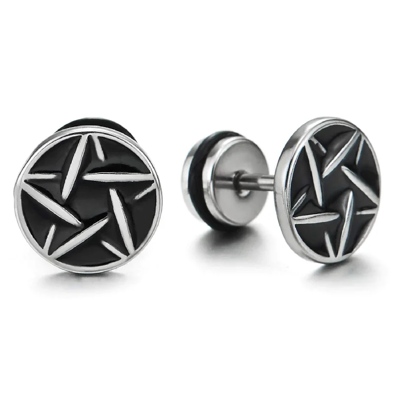 Stud Earrings with Debossed Designs -10MM Stainless Steel Star Pentagram Circle Stud Earrings with Black Enamel, Men Women, Screw Back