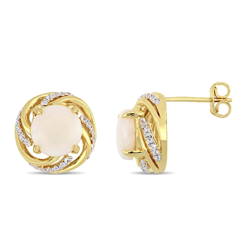 Stud Earrings with Pearls and Diamonds -2 3/4 CT TGW Opal White Topaz Interlaced Swirl Halo Stud Earrings in Yellow Plated Sterling Silver