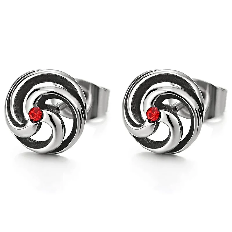 Stud Earrings with Symbolic Elements -2pcs Mens Womens Stainless Steel Swirl Spiral Stud Earrings with Red Cubic Zirconia