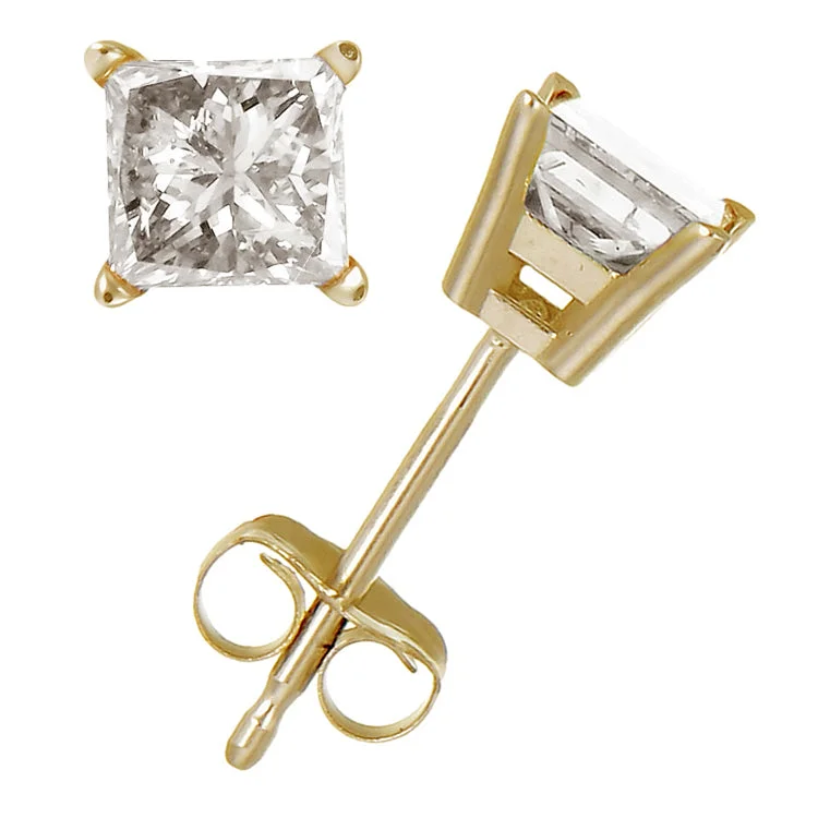 Stud Earrings with Star Motifs -3/4 cttw Princess Cut Diamond Stud Earrings 14k Yellow Gold 4 Prong with Push Backs