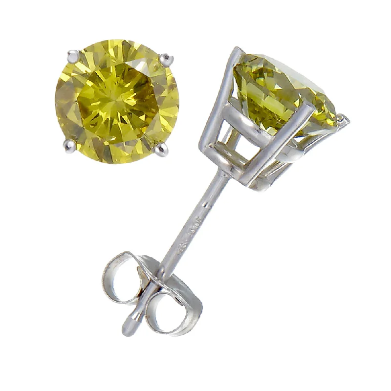 Large Stud Earrings for Statement -3/4 cttw Yellow Diamond Stud Earrings 14K White Gold Round with Push Backs