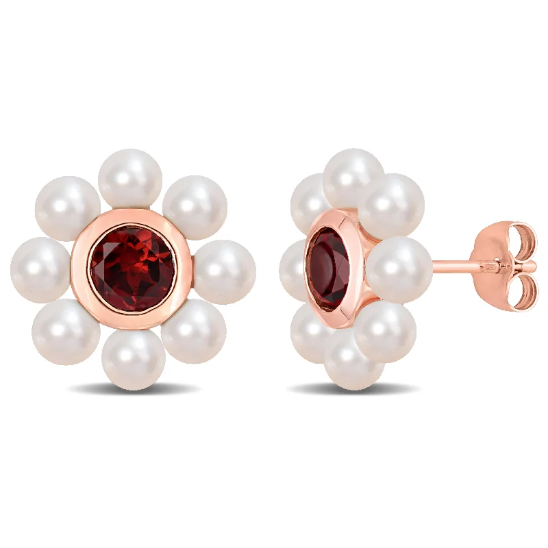 Gold Stud Earrings for Women -3.5-4mm Freshwater Cultured Pearl and 1 1/5 CT TGW Garnet Floral Stud Earrings in 10k Rose Gold