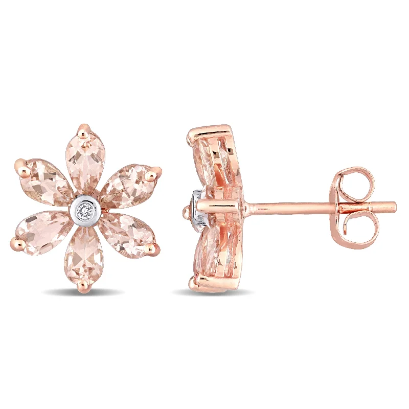 Gold Stud Earrings for Women -3 CT TGW Morganite and Diamond Accent Floral Stud Earrings in 10k Rose Gold