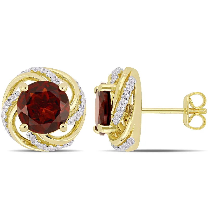 Round Stud Earrings for Classic -4 1/3 CT TGW Garnet and White Topaz Swirl Stud Earrings in Yellow Plated Sterling Silver