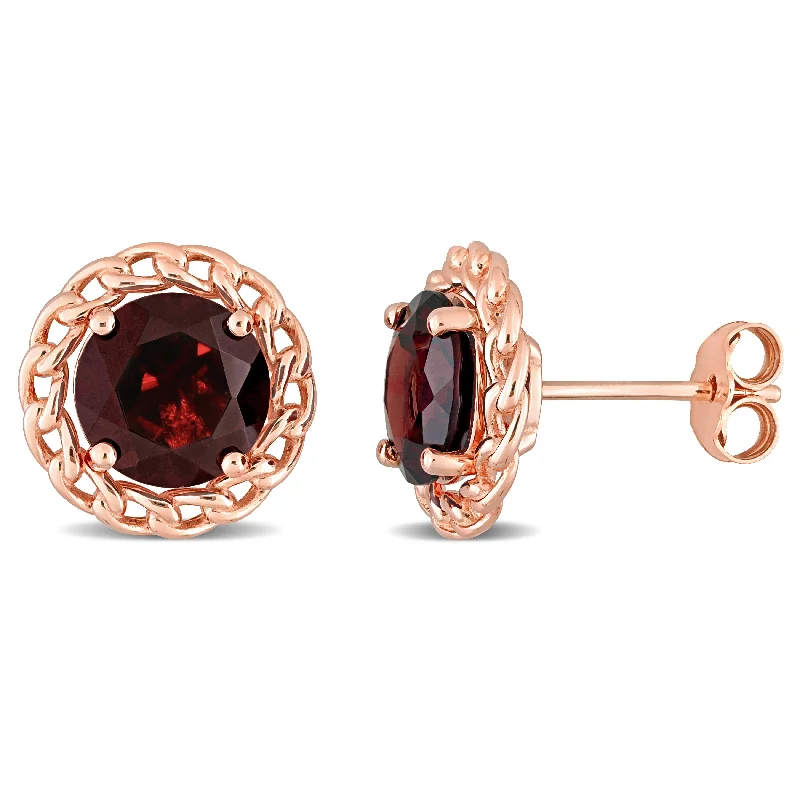 Stud Earrings with Crown Designs -4 CT TGW Garnet Halo Stud Earrings in Rose Plated Sterling Silver