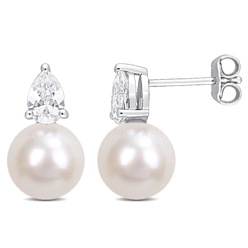 Celtic Stud Earrings with Knotwork -8.5-9 MM White Freshwater Cultured Pearl and 1 1/3 CT TGW Created White Sapphire Stud Earrings in Sterling Silver