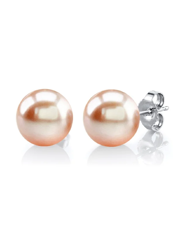 Square Stud Earrings for Modern -8mm Peach Freshwater Round Pearl Stud Earrings