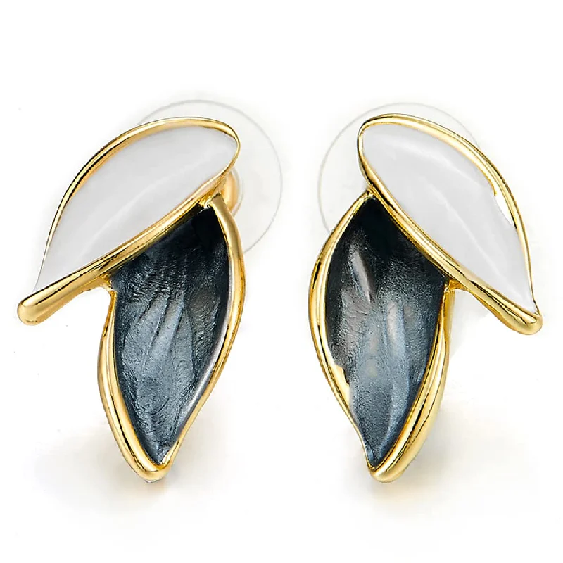 Leverback Stud Earrings for Comfort -A Pair of Black White Navette Overlapping Leaves Petals Statement Stud Earrings