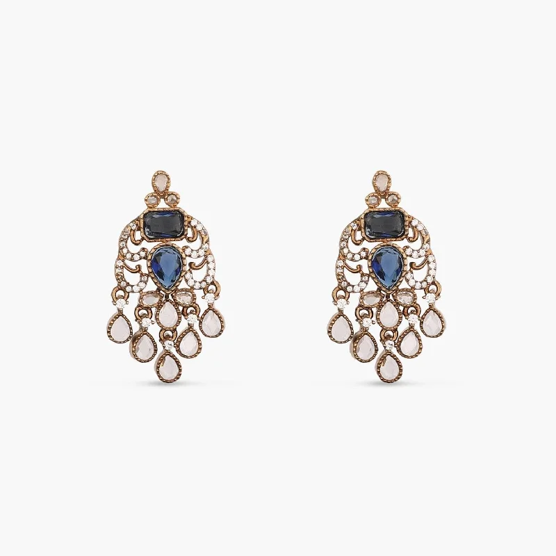 Multi Stud Earrings with Chains -Alina CZ Blue Stud Earrings