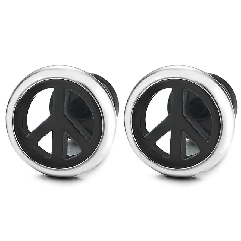 Stud Earrings for Prom Night -Anti-war Sign Peace Symbol Stud Earrings for Men Women, Steel Silver Black Circle Frame, Screw Back