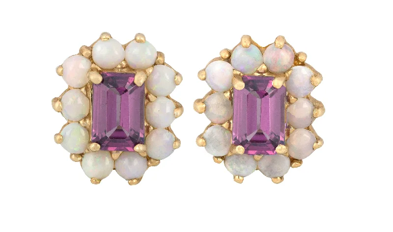 Stud Earrings with Floral Motifs -Antique Vintage Estate 10K Yellow Gold Opal Violet Spinel Gemstone Stud Earrings