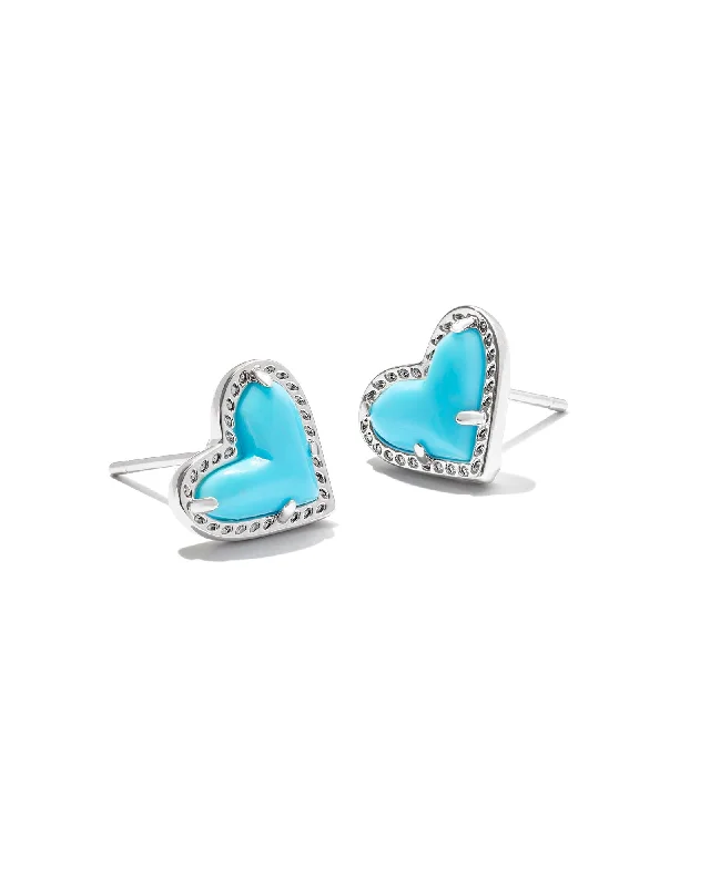 Stud Earrings for Festival Style -Ari Heart Stud Earrings in Rhodium Turquoise Magnesite