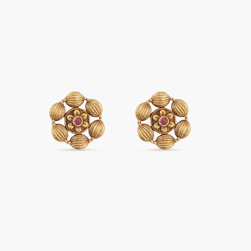 Push Back Stud Earrings for Convenience -Azba Simple Floral Antique Stud Earrings