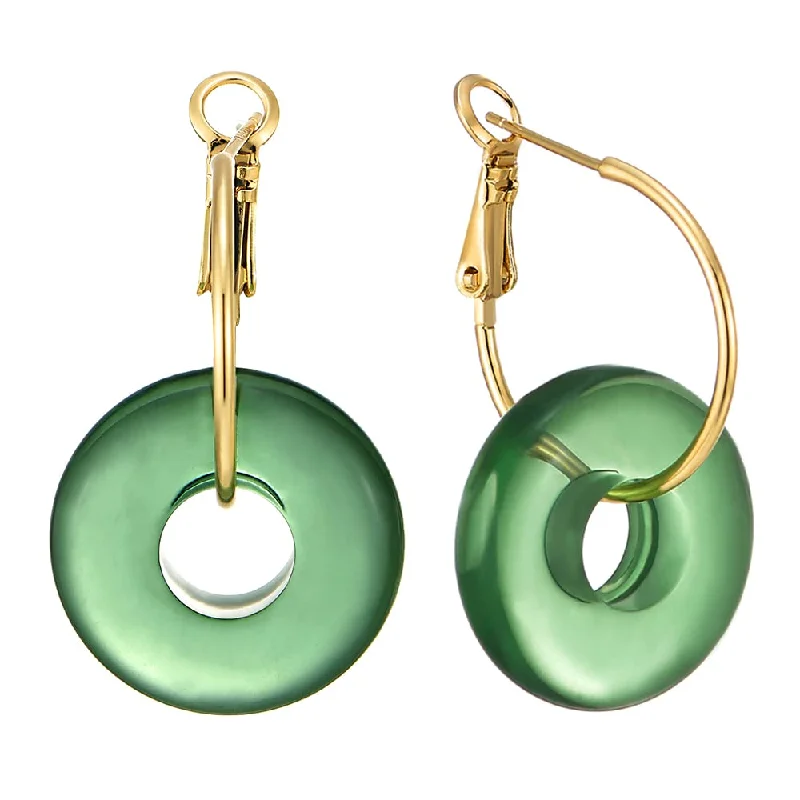 Heavy Duty Stud Earrings for Durability -Beautiful Gold Color Drop Dangle Stud Earrings with Circle of Green Resin