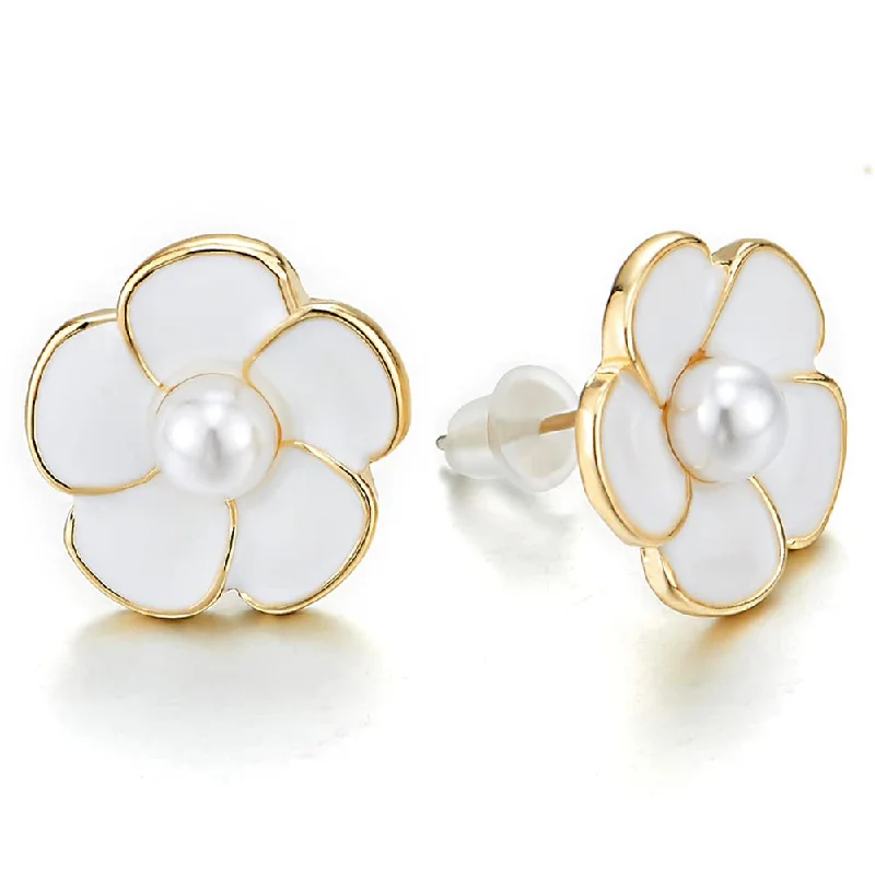 Stud Earrings for Christmas Party -Beautiful Gold Color Flower Stud Earrings with White Enamel and Pearl