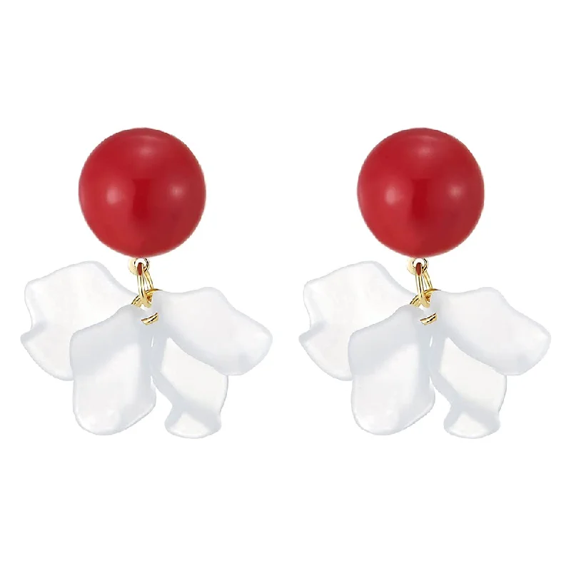 Stud Earrings with Floral Motifs -Beautiful Red Bead Statement Drop Dangle Stud Earrings with White Acrylic Irregular Petals