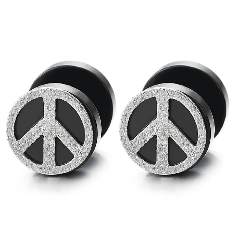 Stud Earrings for Wellness Routine -Black Circle Stud Earrings with Silver Sand Glitter Anti-War Symbol Steel Cheater Fake Plugs Gauges