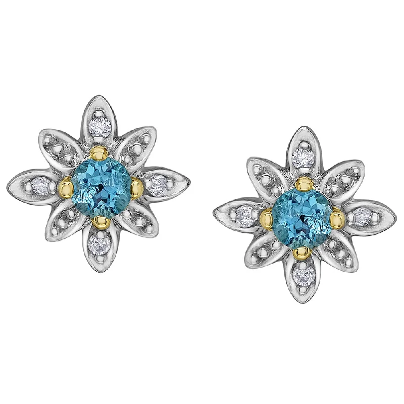 Adjustable Stud Earrings for Custom Fit -Blue Topaz and Diamond Flower Stud Earrings