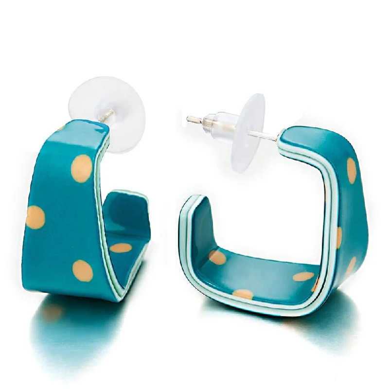 Stud Earrings with Abstract Designs -Bohemia Boho Teal Blue Polka Dots Square Statement Hoop Huggie Hinged Stud Earrings