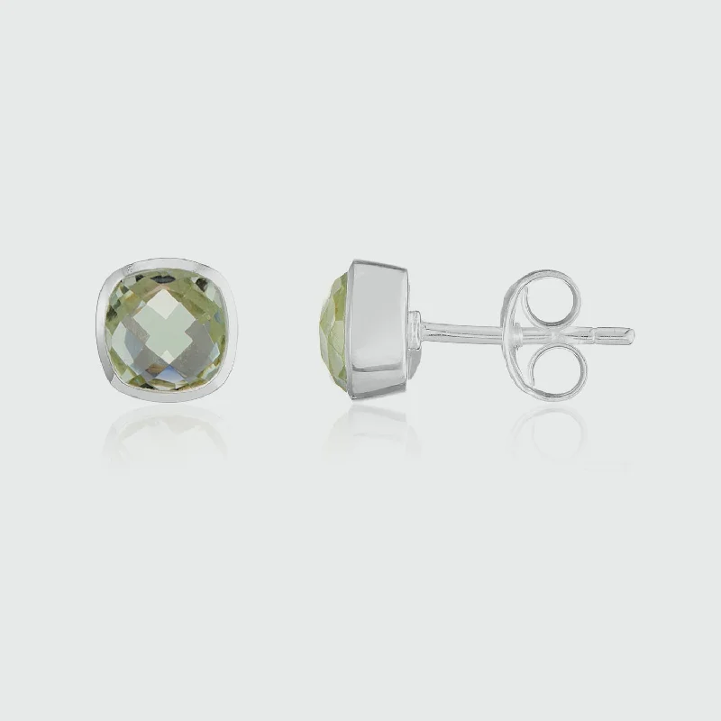 Stud Earrings with Enamel -Brooklyn Green Amethyst & Sterling Silver Cushion Stud Earrings