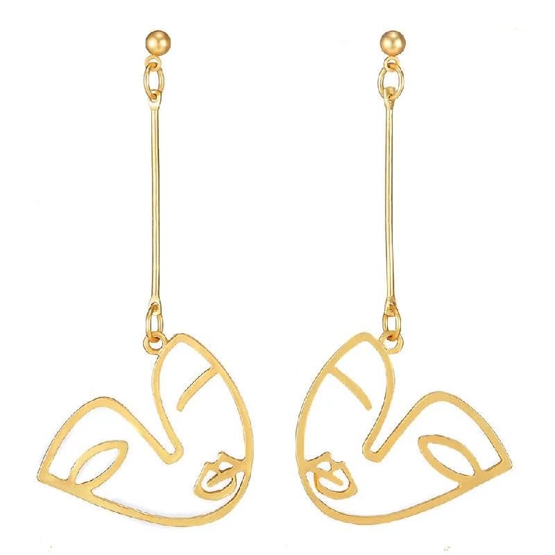 Stud Earrings with Rhinestones -Chic Fun Gold Color Girl Face Frame Flat Long Drop Dangle Stud Earrings