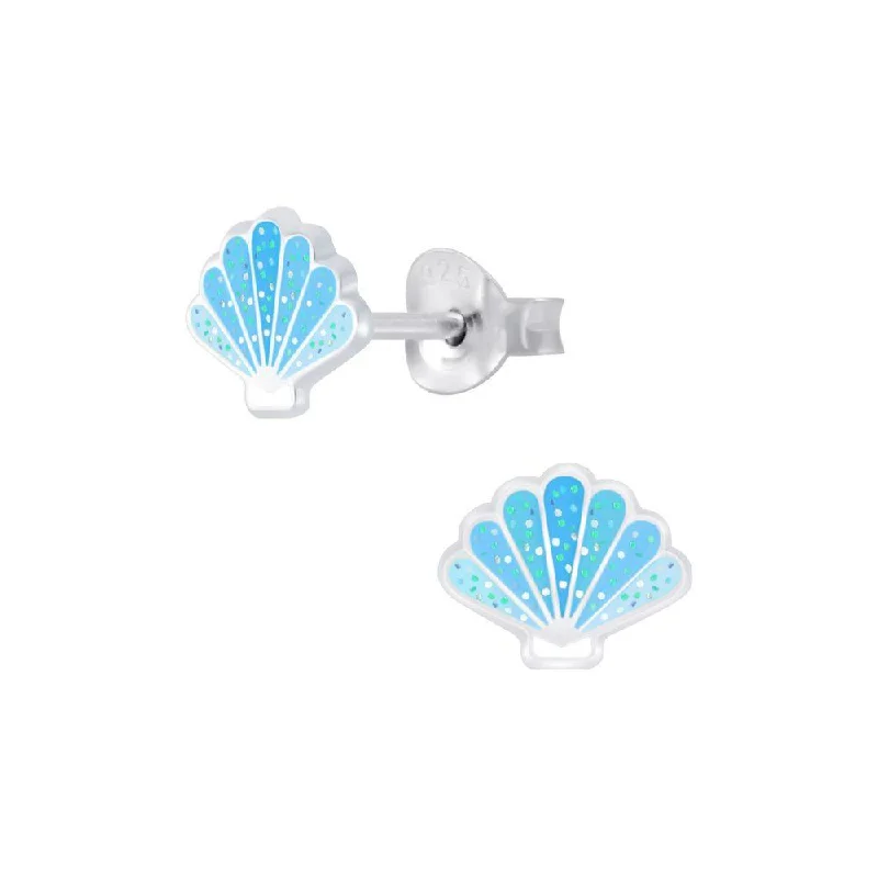 Stud Earrings with Leaf Motifs -Children's Sterling Silver Blue Glitter Shell Stud Earrings