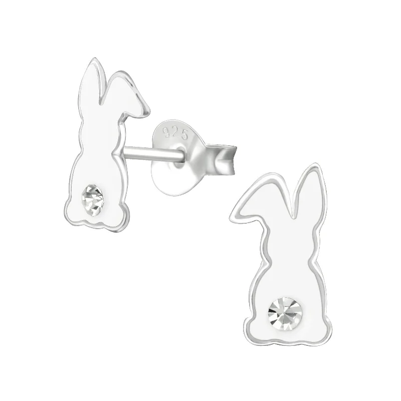 Stud Earrings for Office Wear -Children's Sterling Silver 'Bunny Rabbit with Crystal' Stud Earrings