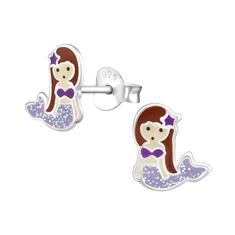 Stud Earrings for Mother's Day -Children's Sterling Silver 'Purple Sparkle Mermaid' Stud Earrings